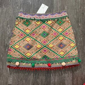 OUROPEANZTATION Embroidered Pom Pom Trim A Line Skirt Olive Green Size S
